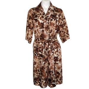 VTG Brown Cream Floral All Over Print Button Up Tie Waist Robe Dress